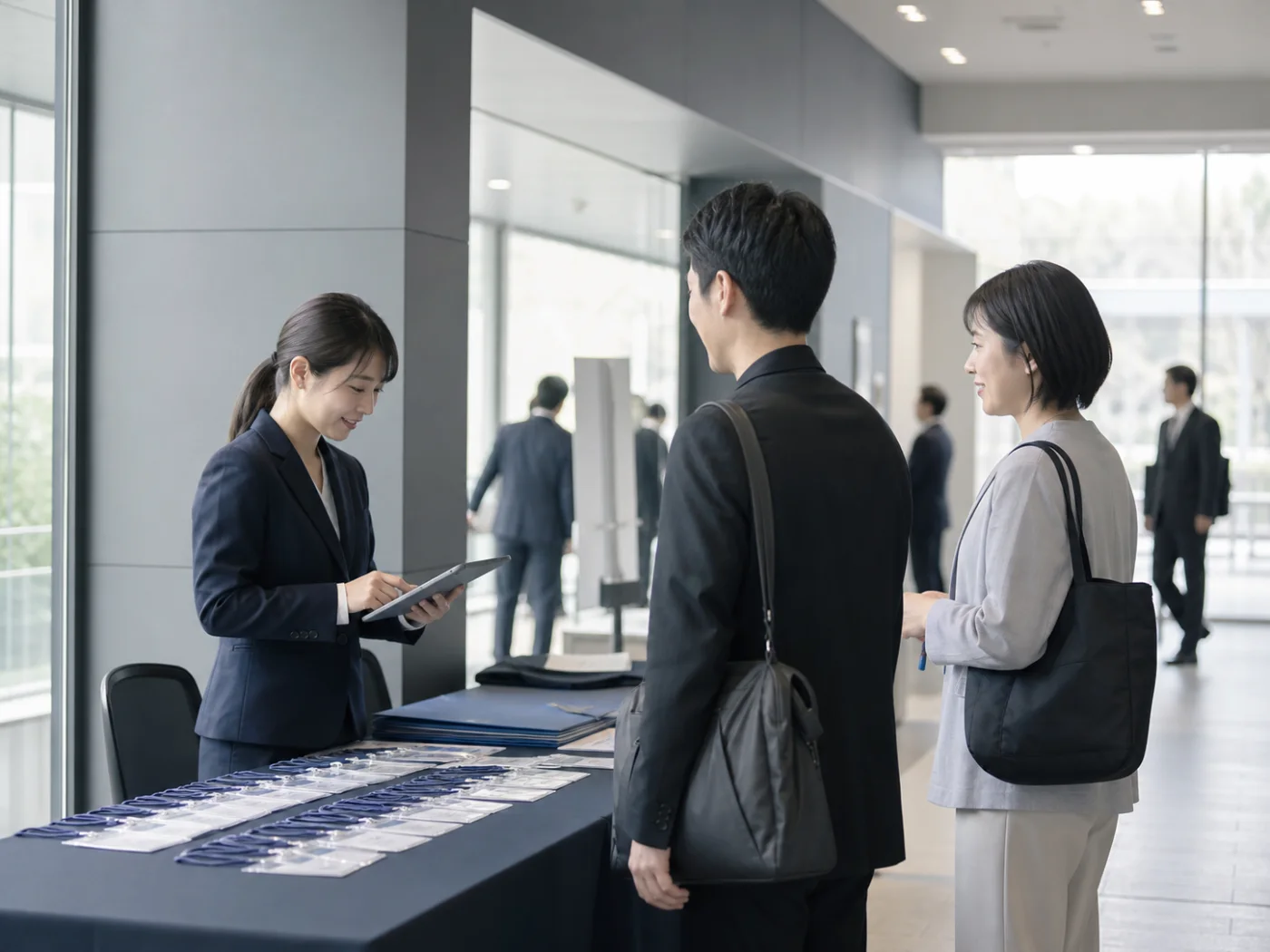 例会会場の受付で参加者を確認するスタッフ